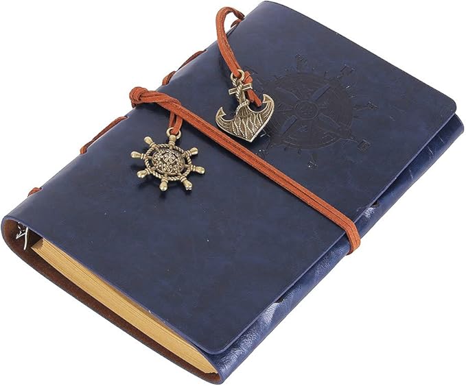 EvZ Leather Writing Journal Notebook, 7 Inches Vintage Nautical Spiral Blank String Diary Notepad Sketchbook Travel to Write in, Unlined Paper, Retro Pendants, Classic Embossed, Dark Blue
