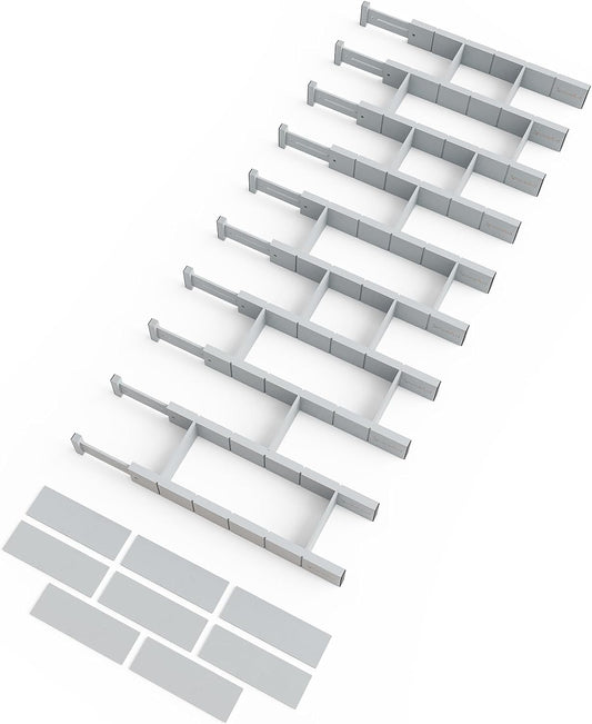 SpaceAid Bamboo Drawer Dividers with Inserts and Labels, Kitchen Adjustable Drawer Organizers, Expandable Organization for Home, Office, Dressers, 10 Dividers with 24 Inserts (17"-22" Gray)