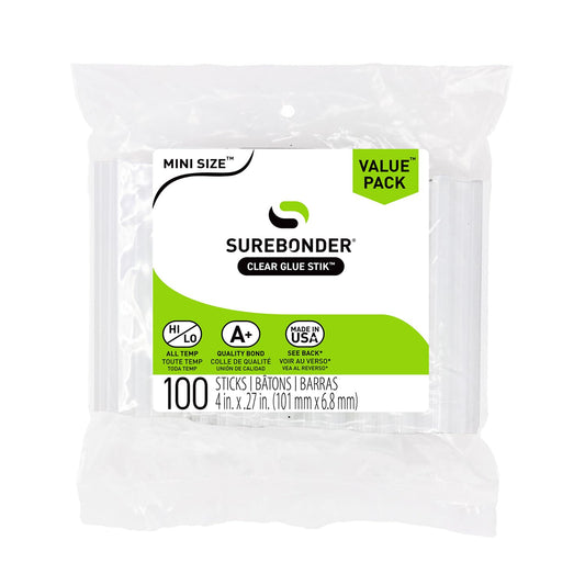 Surebonder DT-100 Mini Size Hot Glue Sticks for Mini Glue Guns 0.27 in. Diameter, 4 in. Length - All Purpose, All Temperature - Great for DIY, Arts, and Crafting - 100 Pack, Clear