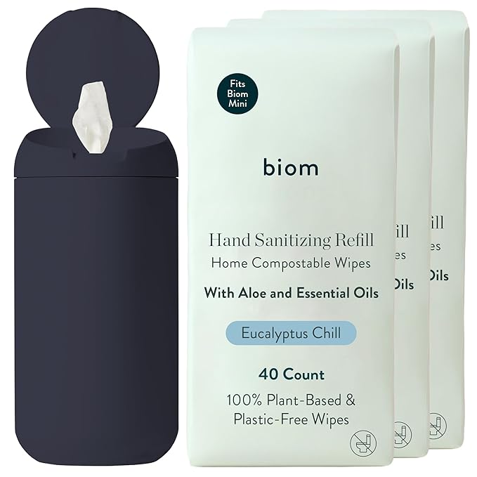 Biom Mini Dispenser + Hand Sanitizing Wipes Starter Kit - Eucalyptus Scented, Biodegradable, Kid-Safe | Fits in Cup Holder | All Natural, Plant-Based Non-Toxic Wipes with Aloe for Soft Skin (Midnight)