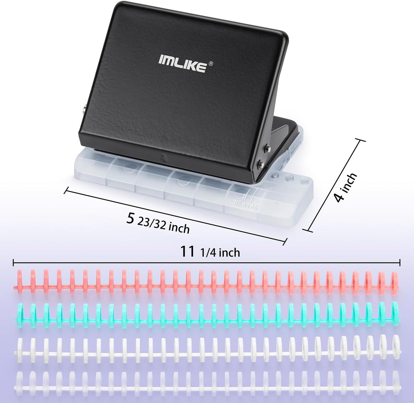 IMLIKE 10-Hole Binding Machine for Planners - Metal Manual Binding System with 10 Multi-Color 30-Hole Loose Leaf Binding Spines - Punches 26 Holes on B5, 30 Holes on A4, 20 Holes on A5 Paper - Black