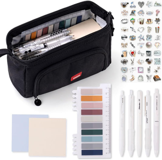 HVOMO Stationery Set,1 large-capacity pencil case,5 quick-drying pens,50 waterproof stickers,2 sticky note pads(200 sheets),1 set of 10-color index labels (200 sheets),Student stationery gift (Black)