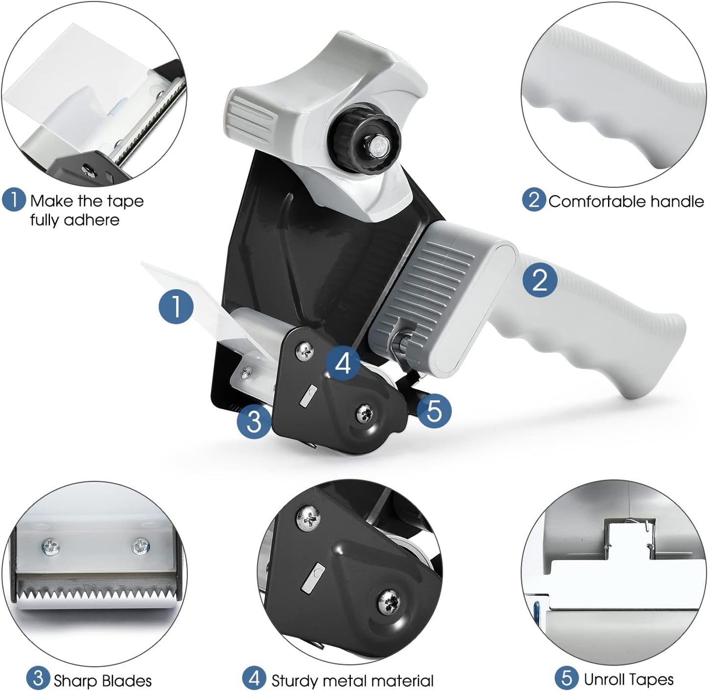 Packing Tape Dispenser Gun, Pacific Mailer 2 Inch Tape Gun Dispenser with 2 Inch Carton Packing Tape, Lightweight Industrial Side Loading Tape Dispenser - Black