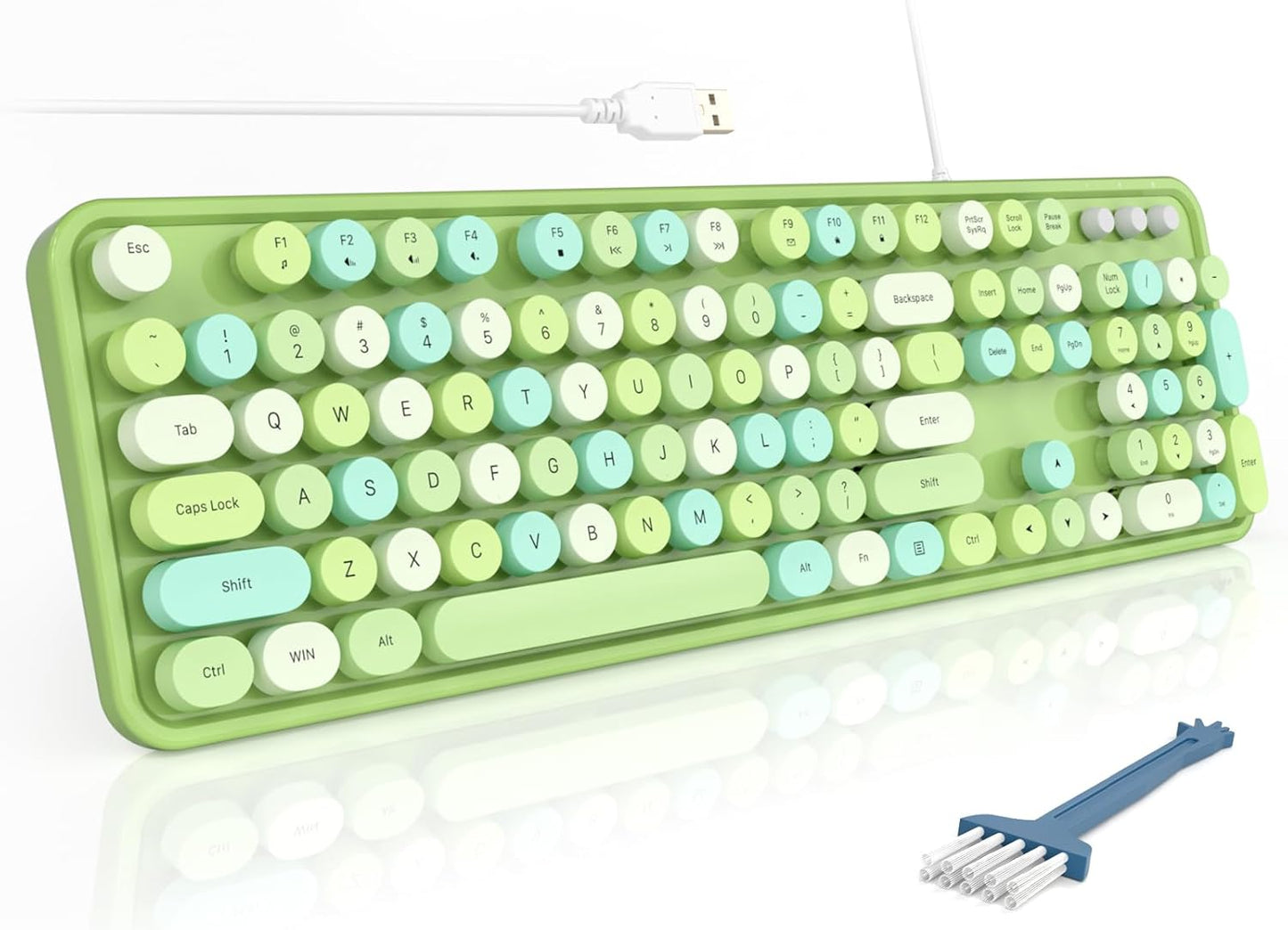 MOFII Wired Keyboard, Full Size USB Keyboard Plug Play, Colorful Retro Round Typewriter Keyboard with Foldable Stands for Windows PC Laptop (Green Colorful)