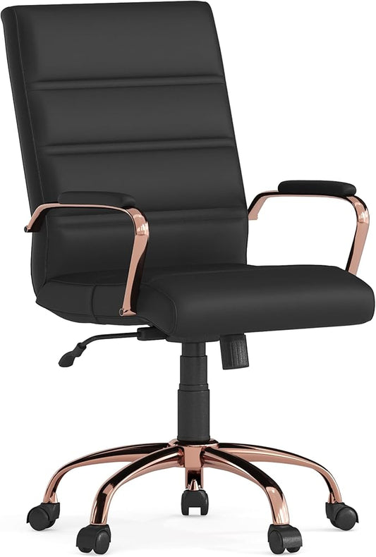 Flash Furniture Whitney Mid-Back Swivel LeatherSoft Desk Chair with Padded Seat and Armrests, Adjustable Height Padded LeatherSoft Office Chair, Black/Rose Gold