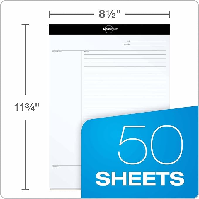 Tops Oxford Focusnotes Legal Pad - Cornell Notepad for Note Taking - 8-1/2" X 11-3/4"- Pack of 3 Notepads For Work - 50 Sheets