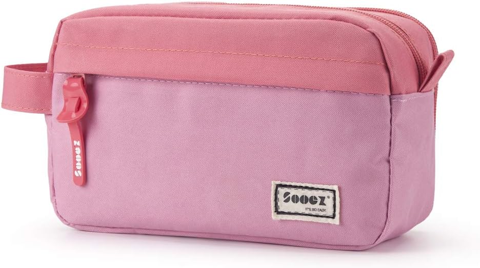 Sooez High Capacity Pencil Case, Big Pencil Bag Pouch Box Organizer Pen Case, Portable Journaling Supplies with Easy Grip Handle & Loop, Asthetic Supply for Girls Adults, Pink