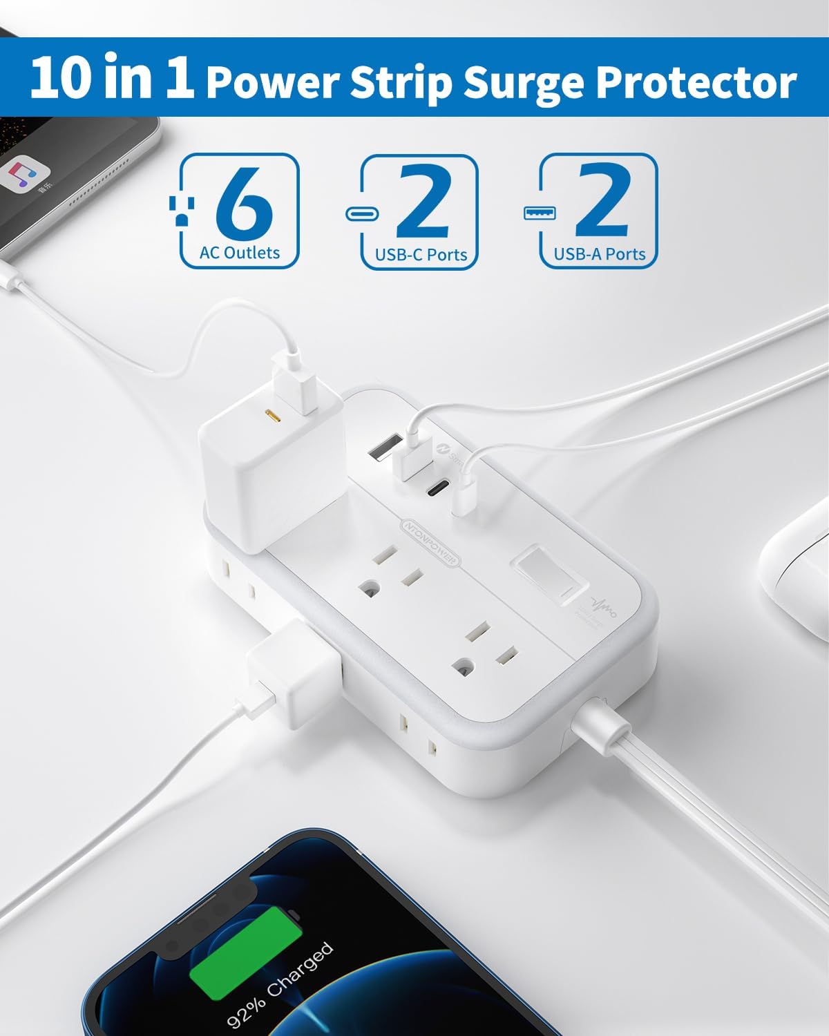 Flat Extension Cord 15 ft, NTONPOWER Surge Protector Power Strip with 6 Widely Outlets 4 USB Ports(2 USB C), Flat Plug, Wall Mounted, Side Outlet Extender for Indoor, Home Office, Dorm Room Essentials
