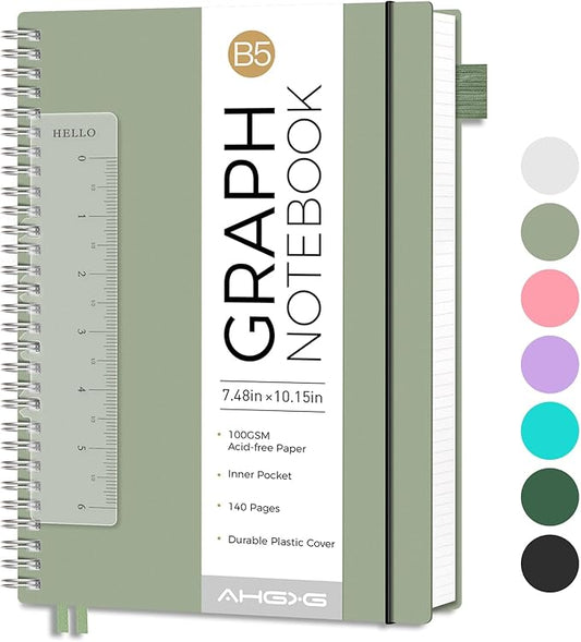 AHGXG Graph Paper Notebook - Spiral Notebook Journal 7.6" x 10", B5 Large Graph Notebook, 140 Pages, 100 gsm Thick Grid Paper, Waterproof Plastic Cover, for School Writing Engineering, Sage Green