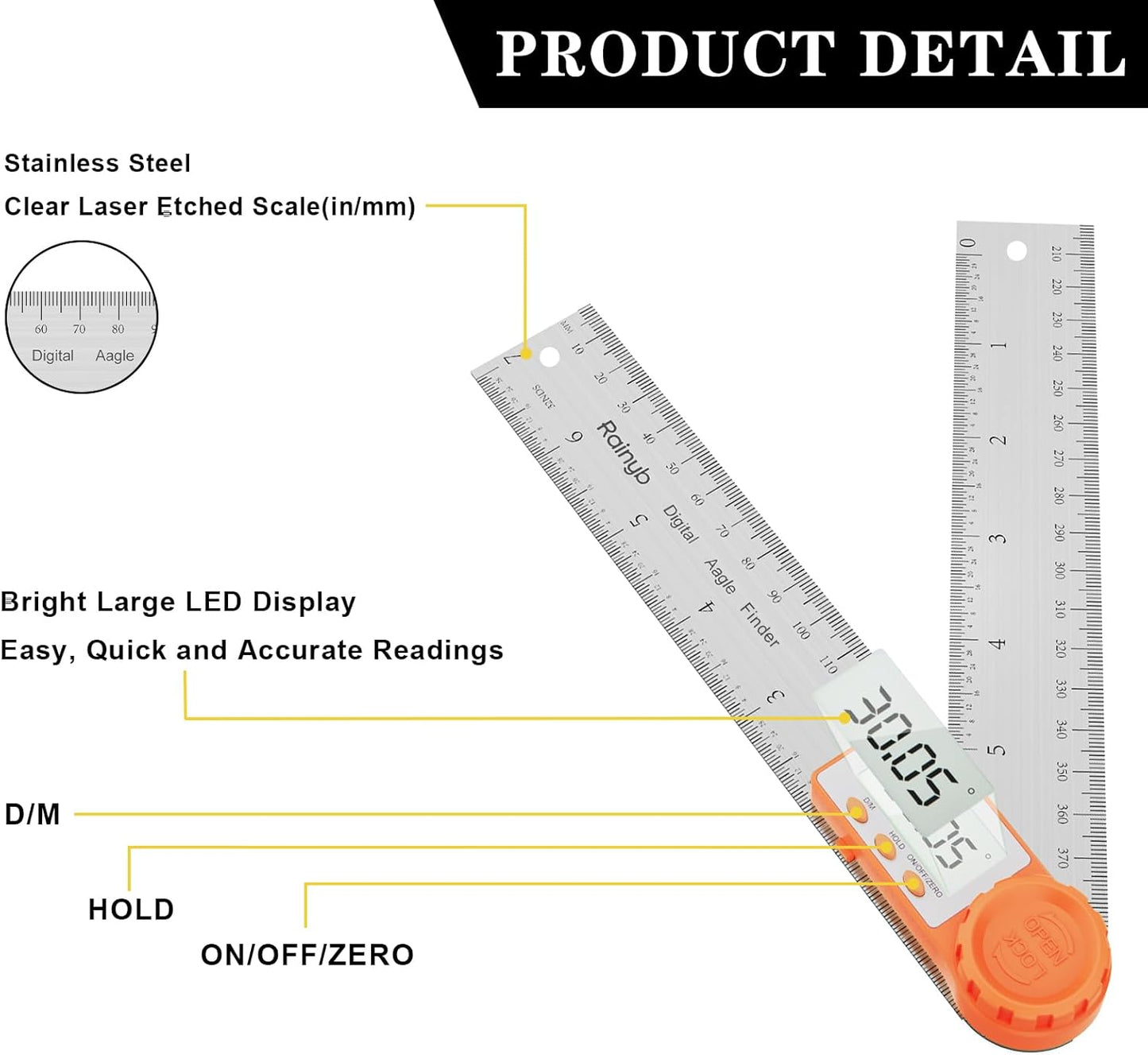 Rainyb Digital Angle Finder Tool 7inch/200 mm 0-360 Degree Stainless Steel Digital Protractor Ruler, Angle Measuring Tool for Carpenters, Woodworkers, Fabricators, Home DIY