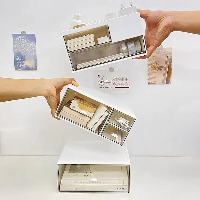 Desk Drawer Organizer, Desk Storage Box with 2 Drawers and 4 Compartments, Multifunctional Desk Accessories & Countertop Organizers for Office School Home (White