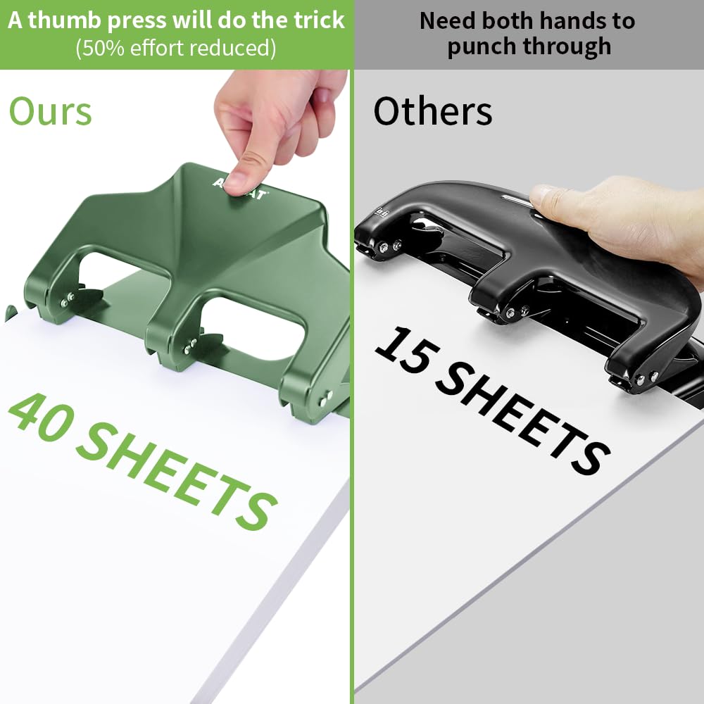 Heavy Duty 3 Hole Punch, 40-Sheet Heavy Duty Paper Punch, 50% Reduced Effort 3-Hole Punch, AFMAT Metal Hole Puncher 3 Ring, Three-Hole Paper Puncher w/Large Chip Tray for Classroom, Office, Green