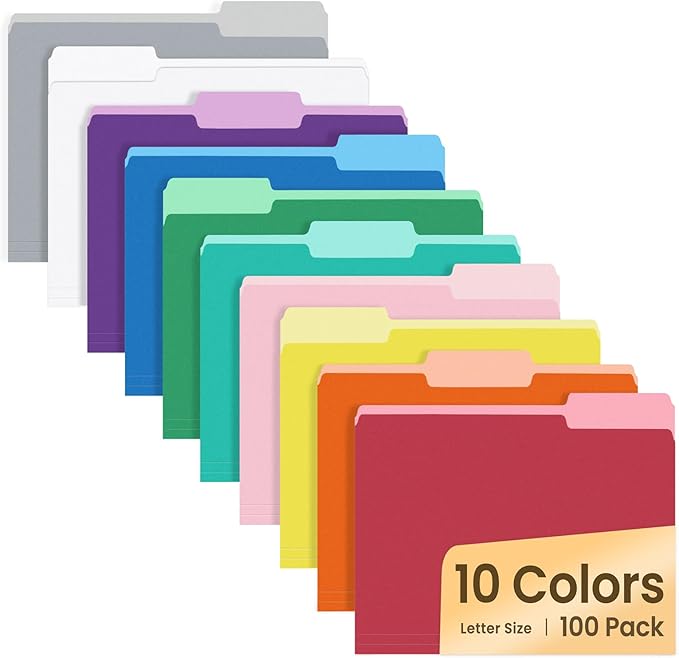 SUNEE File Folders Letter Size 10 Assorted Colors, 100 Pack Folders for Documents 1/3-Cut Tabs, Colored File Folders Office Home School for Documents Files Paper