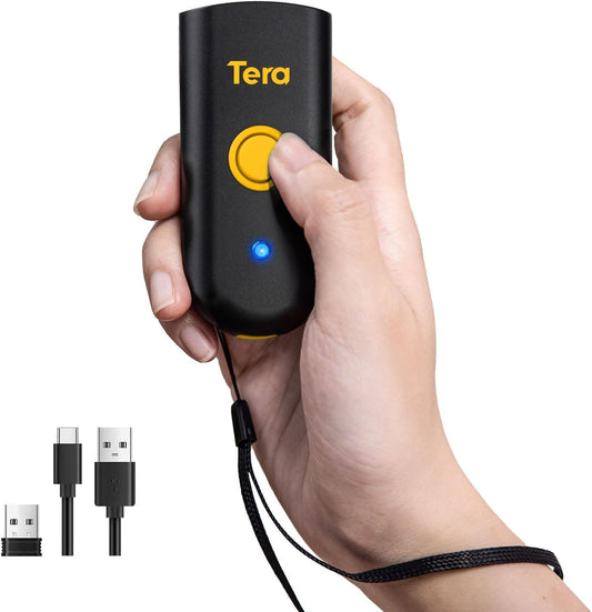 Tera Mini 1D Barcode Scanner: Pocket Waterproof Wireless Laser Scanner 3 in 1 Compatible with Bluetooth USB Wired Portable Bar Code Reader for Logistics Work with iOS Windows Android 1100L Yellow