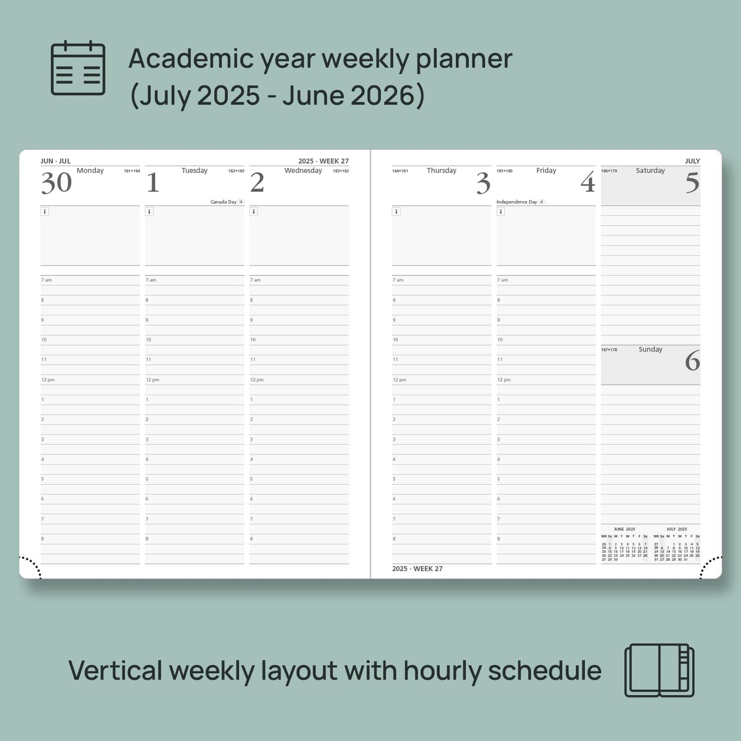 POPRUN Planner 2025-2026 (Large - 8.5'' x 10.5'') Academic Weekly Calendar (July 2025 - June 2026) with Hourly Time Slots, Monthly Tabs, 100GSM Thick Papers, Leather Soft Cover - Grey
