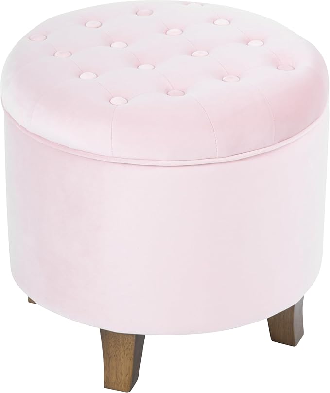 HomePop by Kinfine Fabric Upholstered Round Storage Ottoman - Velvet Button Tufted Ottoman with Removable Lid, Pink, Small
