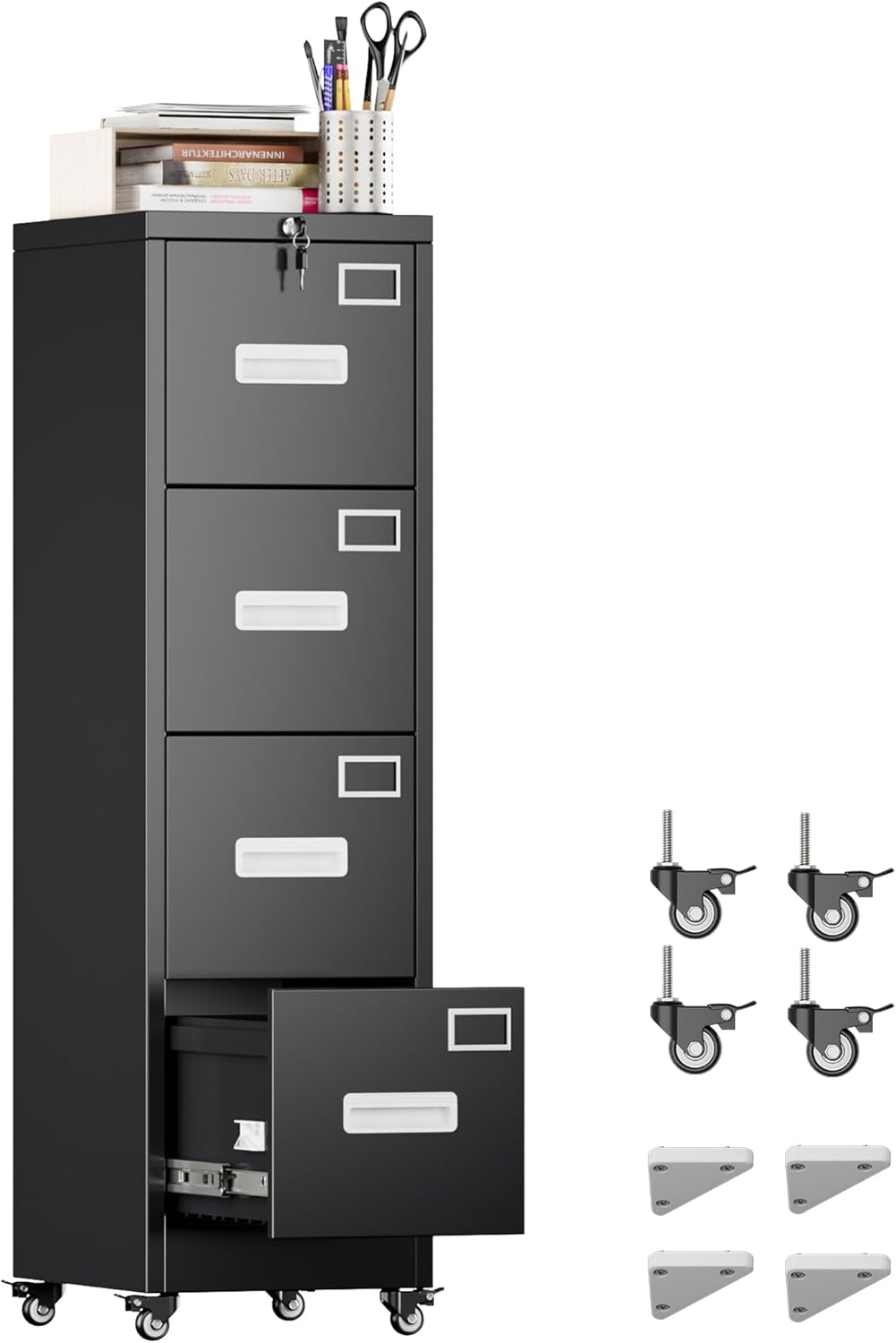 METAN 4 Drawer Vertical File Cabinet on Wheels, Lockable Office Files Storage Cabinet with Handle and Name Card,Mobile Storage Cabinet for Office and Home,Assembly Required,Black