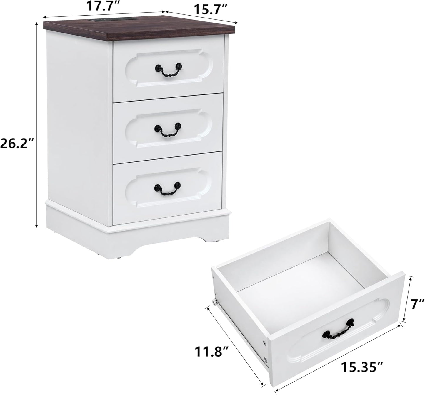 LIDYUK 3 Drawer Dresser for Bedroom Farmhouse White Wood Chest of Drawers Bedroom Dresser with Charging Station, Rustic Small Drawers Dressers Nightstand Wooden Closet Storage Cabinet, Living Room