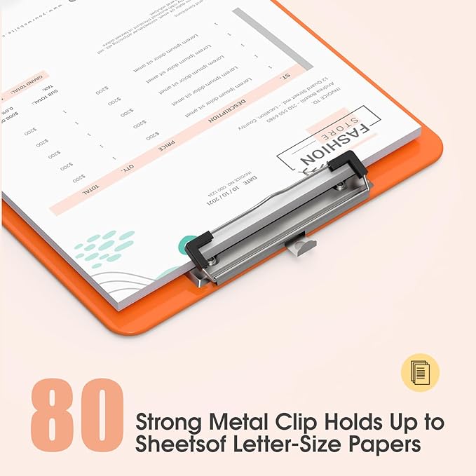 Plastic Clipboards, A4 Orange Clip Board 8.5x11 for Classroom, Students, Kid, Woman, Size 9" x 12.5" with Low Profile Clip, Office & School Supply