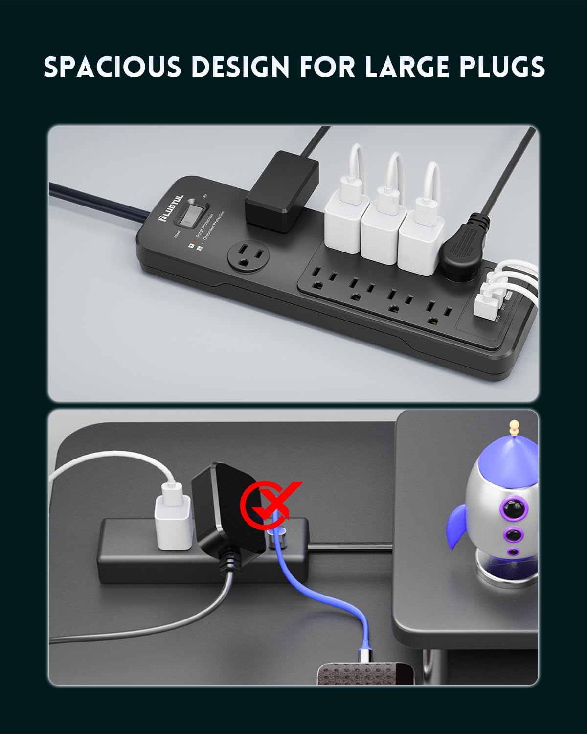 Surge Protector Power Strip 15FT, PLUGTUL Surge Protector with 10 Outlets - Spacious Design for Large Plugs, Flat Plug, 20W USB C Charging for Home, Office, ETL Listed, 2040J