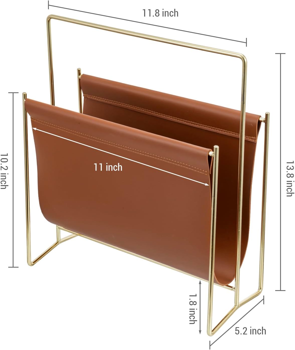 MyGift 13 inch Modern Caramel Leatherette Magazine Holder Floor Standing Sling Style Rack with Brass Tone Metal Frame