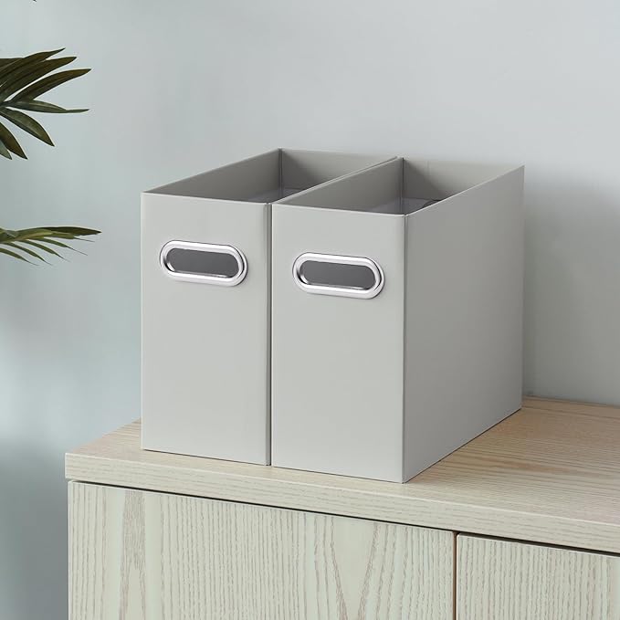 Oterri File Organizer, Small Storage Box, Cardboard File Folder Organizer, Collapsible File Box, Hanging File Organizer for Letter Size, Portable File Box with Handle, Only Box (Grey, 4 Packs)