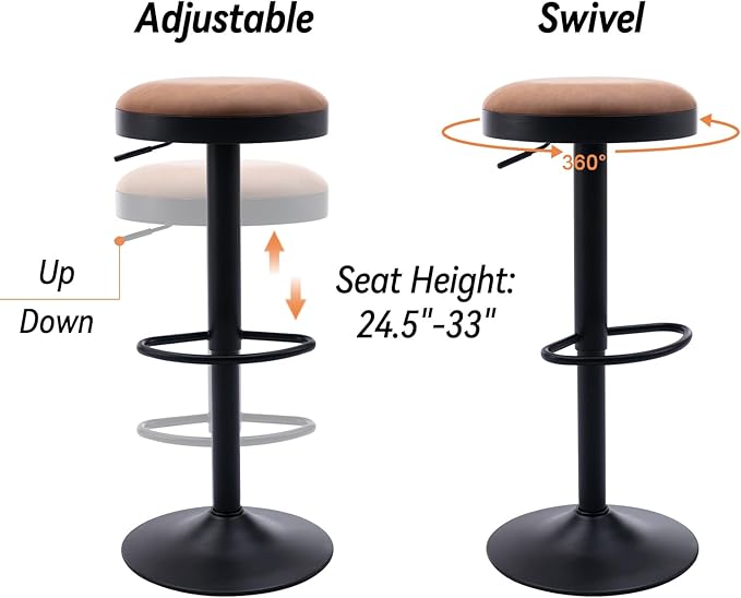 Round Swivel Counter Height Bar Stools Set of 3 Modern Adjustable Barstools Backless PU Leather Bar Chairs Industrial Island Chairs with Metal Base/Footrest for Kitchen Island/Pub/Bar, Brown