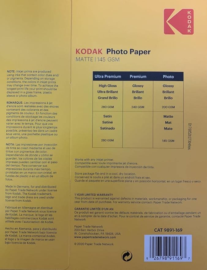 Kodak photo paper 8.5 x 11 matte, 100 count 39 lb - 145 g/m (41184-3510-225)