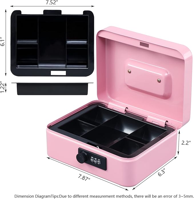 KYODOLED Medium Cash Box with Combination Lock Safe Metal Money Box with Money Tray for Security Lock Box 7.87x 6.30x 3.54Inch Pink Medium