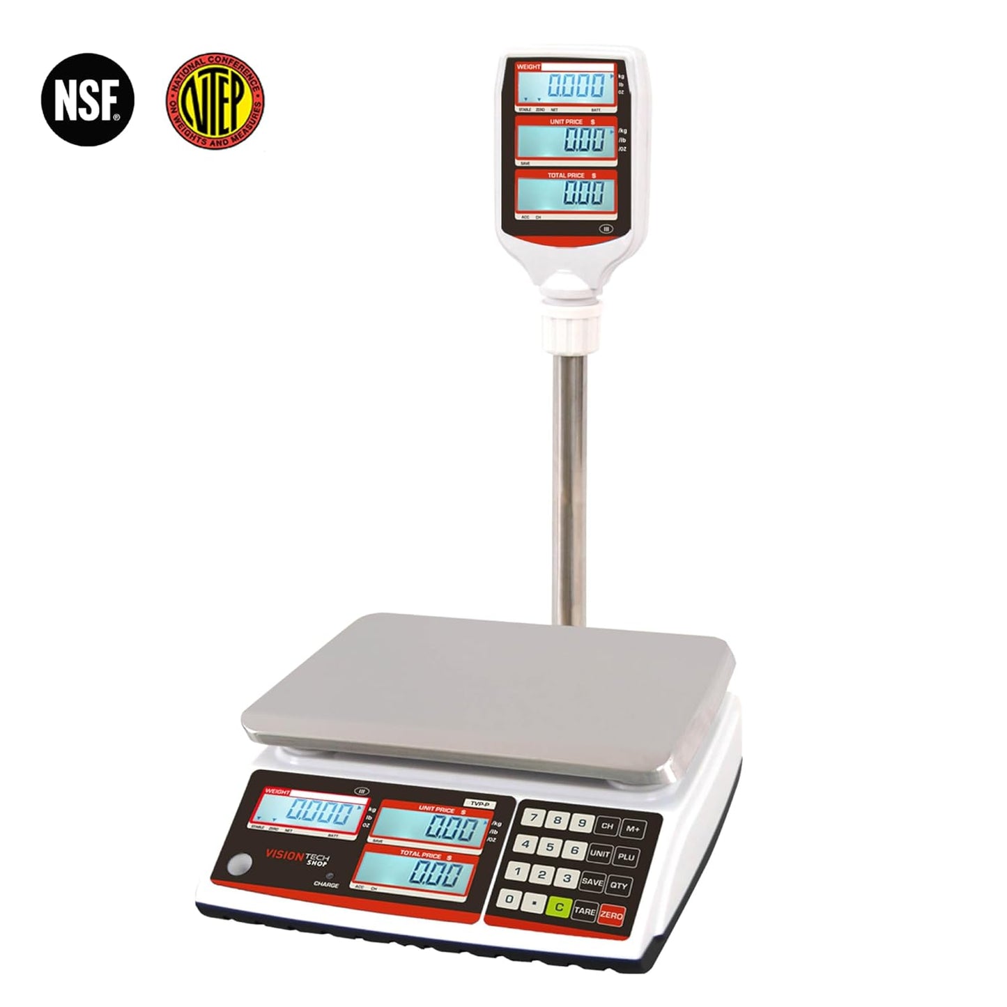 VisionTechShop TVP-60P Price Computing Scale with Pole Display, Lb/Oz/Kg, 60lb Capacity, 0.01lb Readability, NTEP Legal for Trade COC #19-038, NSF Certified