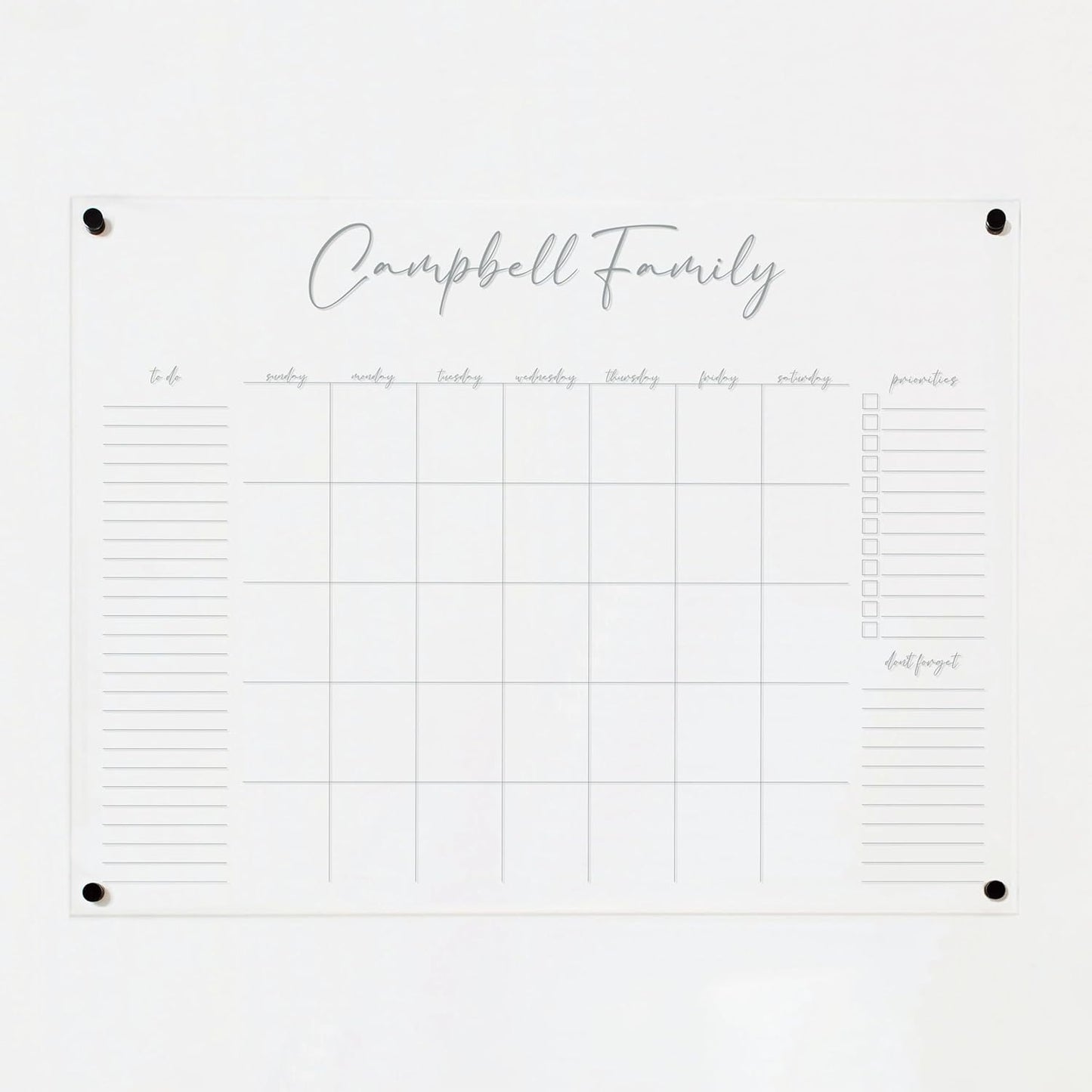Personalized Clear Acrylic Calendar for Wall, Calendar Whiteboard for Wall, Dry Erase Wall Calendar, Wall Calendar Organizer System for Home (Cursive, Grey, 47.5"W x 36"H)