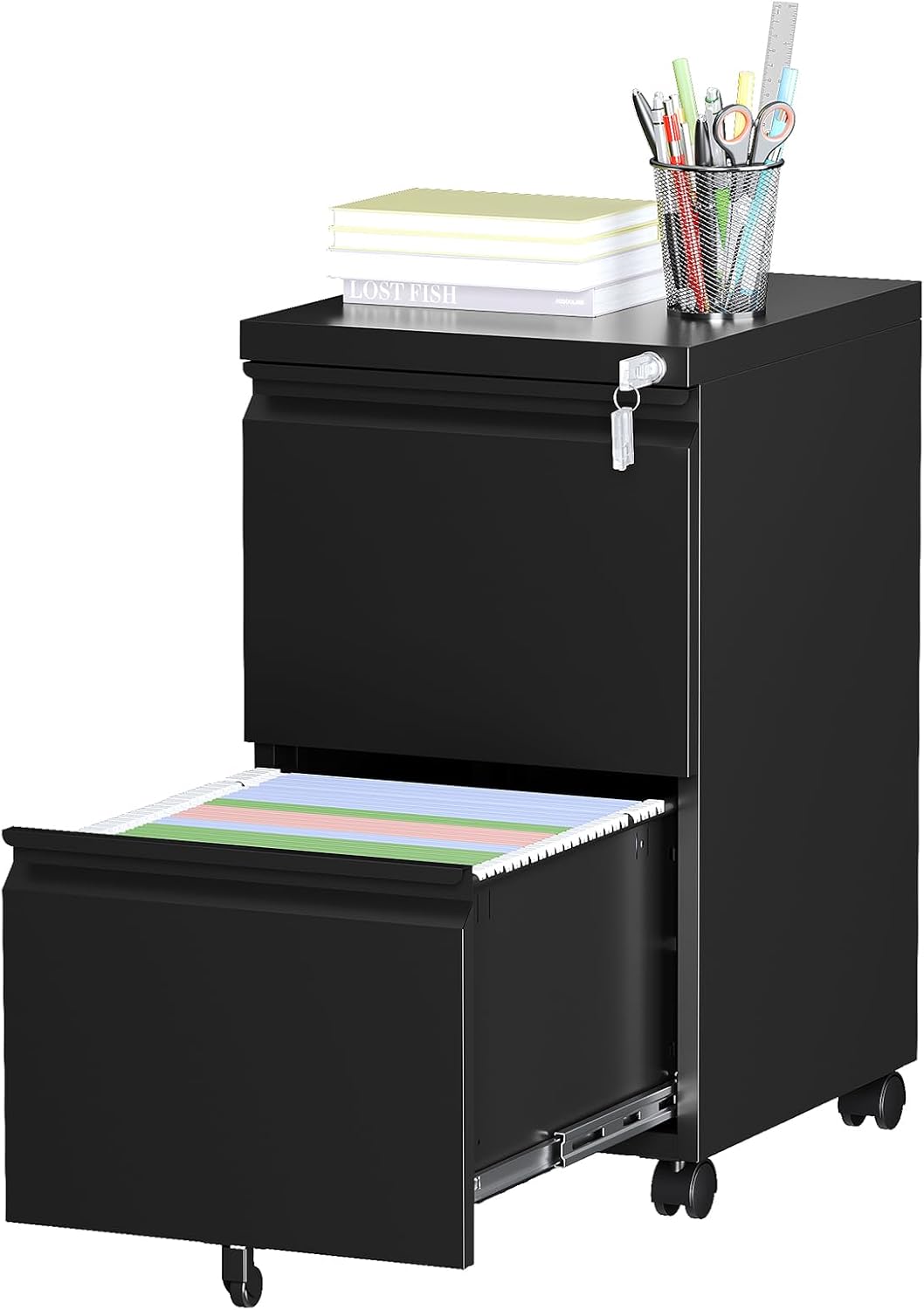 2 Drawer Locking Under Desk Metal Storage Cabinet on Wheels for Legal/Letter/A4 Files (Fully Assembled, Black)