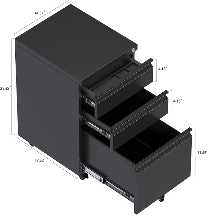 File Cabinet for Home Office, 3 Drawers File Cabinets with Lock, Rolling Under Desk Filing Drawer on Wheels
