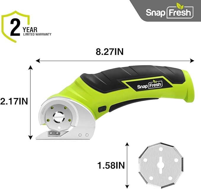 SnapFresh Cordless Electric Scissors, 4V Electric Mini Box Cutter, Carpet & Cardboard Cutter Tool with a Replacement Blade/Charger, Rotary Cutter for Cardboard Packages Leather Plastic （Green）