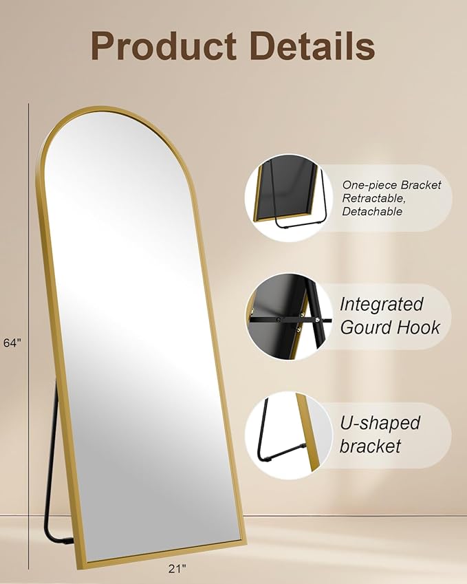 SUNQUEEN 64"x21" Floor Mirror Full Length, Arched Full Length Mirror with Stand, Full Body Mirrors for Bedroom Living Room or Cloakroom Gold