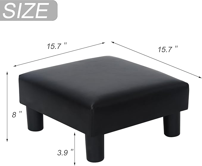 Joveco Small Footstool Ottoman, PU Leather Square Upholstered Footrest with Plastic Legs, Under Desk Foot Stools for Living Room Bedroom Office, Black