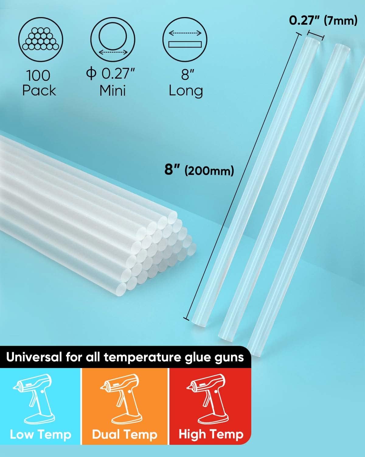 SHALL Mini Hot Glue Sticks, 0.27” Dia x 8” Long, 100-pack Clear Hot Melt Glue Gun Sticks for All-temp Mini Glue Guns, Multipurpose for Kids Adults DIY Art Craft Sealing Repairing Festival Decoration