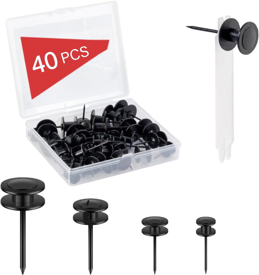 40 PCS Picture Hangers Nails 4 Size Long Heavy Duty Thumb Tacks for Wall Double Headed Push Pins Picture Hooks, Renter Friendly Decor Thumbtacks for Tapestry Frame Art Photos,10/20/ 30/ 50lb(Black)