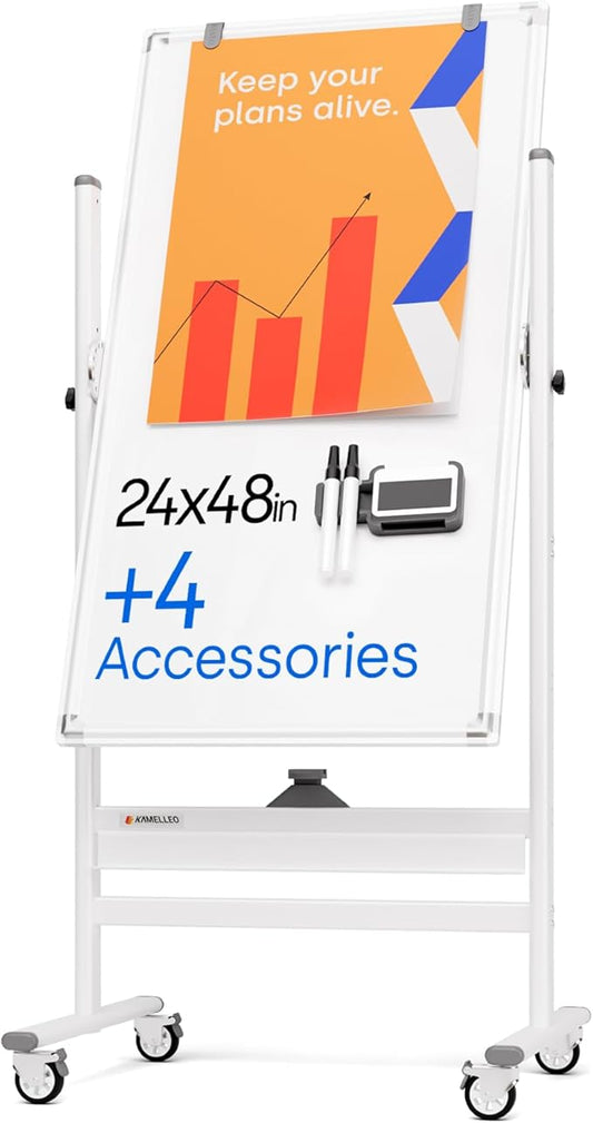 Rolling Dry Erase Board 24 x 48 - Large Portable Magnetic Whiteboard with Stand - Double Sided Easel Style Whiteboard with Wheels - Mobile Standing White Board for Office, Classroom & Home