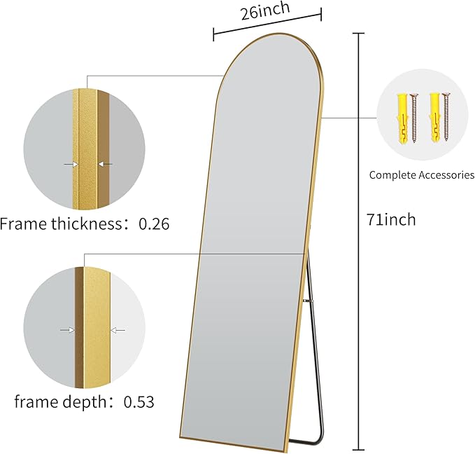26x71 Inch Full Body Mirror - Large Arched Full Length Mirror with Stand Aluminum Frame Wall Mounted Leaning for Bedroom Living Room