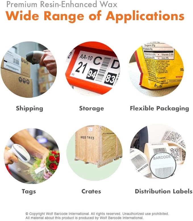 24 Rolls Wolfbarco 5.98" x 1476' (152mm x 450m) Black Premium Resin-Enhanced Wax Thermal Transfer Ribbon Compatible with Zebra,TEC, INTERMEC,Citizen,TSC,GODEX,ARGOX Printers