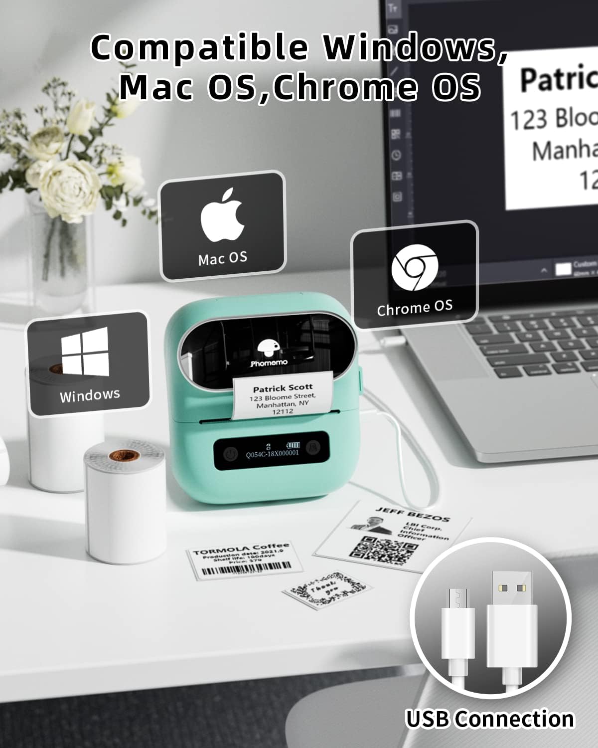 Phomemo M220 Label Maker, New Flagship 3.14 Inch Bluetooth Thermal Label Printer for Barcode, Address, Labeling, Mailing, File Folder, Portable Maker Easy to Use, Support with Smart Phone&PC