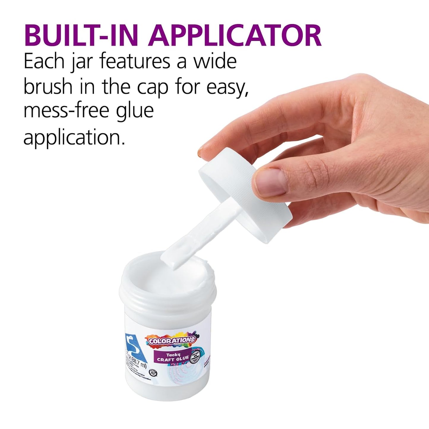 Colorations® Tacky Craft Glue Classroom Pack Jars, Each with Built in Brush Applicator, Set of 12, Each 3oz, Thick & Strong Tacky Glue, Dries Clear, Use at School, Home, Office & Craft Projects