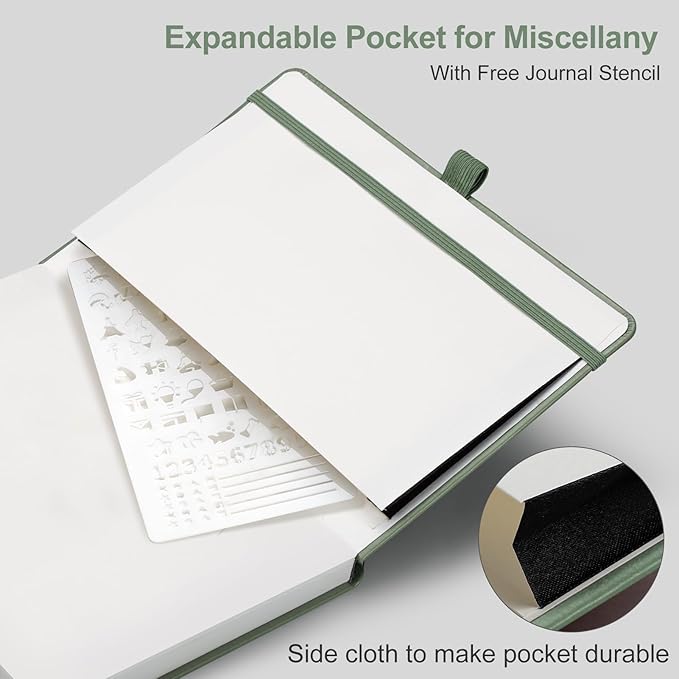 AHGXG Bullet Dotted Journal - 150 GSM Dot Grid Notebook Journal, Thick Acid-Free Paper, A5 Dotted Notebook 128 Pages, Leather Hardcover, Inner Pocket, Journal Stencil, 5.7'' × 8.3'' - Sage Green