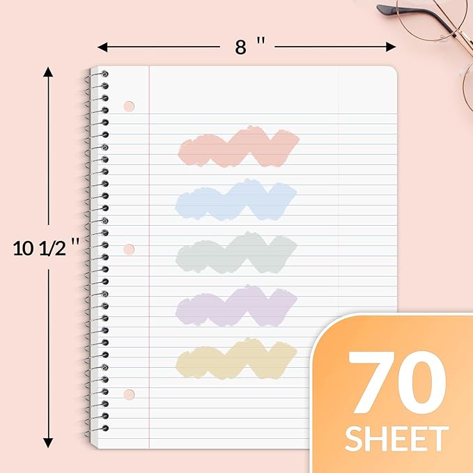 SUNEE Spiral Notebooks, 1-Subject, 20 Pack, College Ruled Paper, 8" x 10-1/2", 70 Sheets per Notebook,3-Hole Punched Paper, Pink,Purple, Blue, Green, Yellow Spiral Lined Notebooks for School,Work