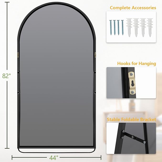 MELOMOIR 82"x44" Oversized Floor Mirror Freestanding, Arched Full Length Mirror for Bedroom Living Room Dressing Room Gym Yoga Hair Salon, Black Mirror Full Length with Shatterproof Tempered Glass