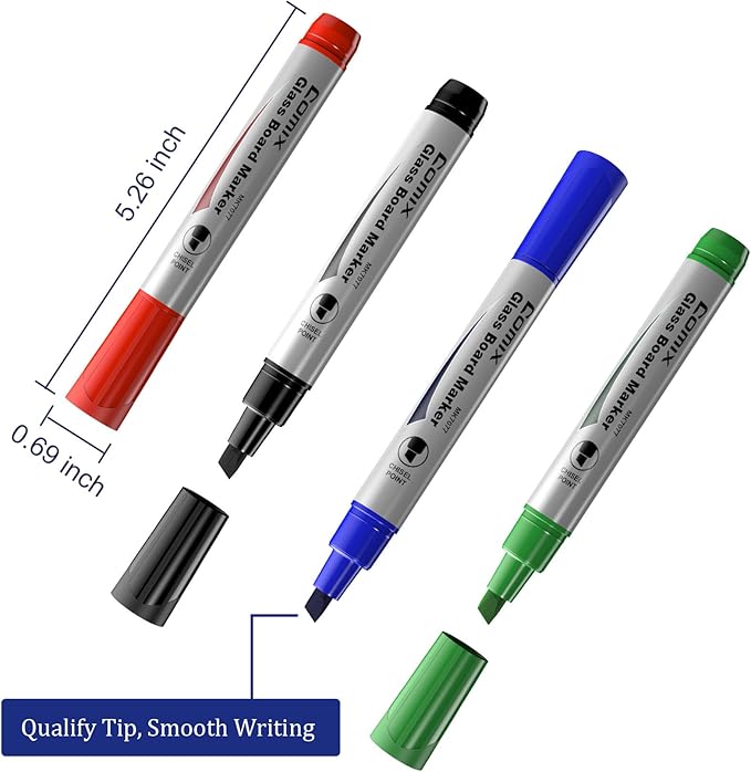 Comix Glass Board Dry Erase Markers, Low Odor Whiteboard Markers, Chisel Tip, 4 Assorted Colors, 12 Pack