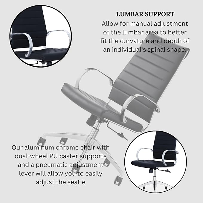 Ribbed High Back Conference Room Chairs - Lumbar Support, Modern Style Executive Chair for Home and Office - 360 Swivel Rolling Wheels - Aluminum Chrome Frame & Base - Black (Pack of 1)