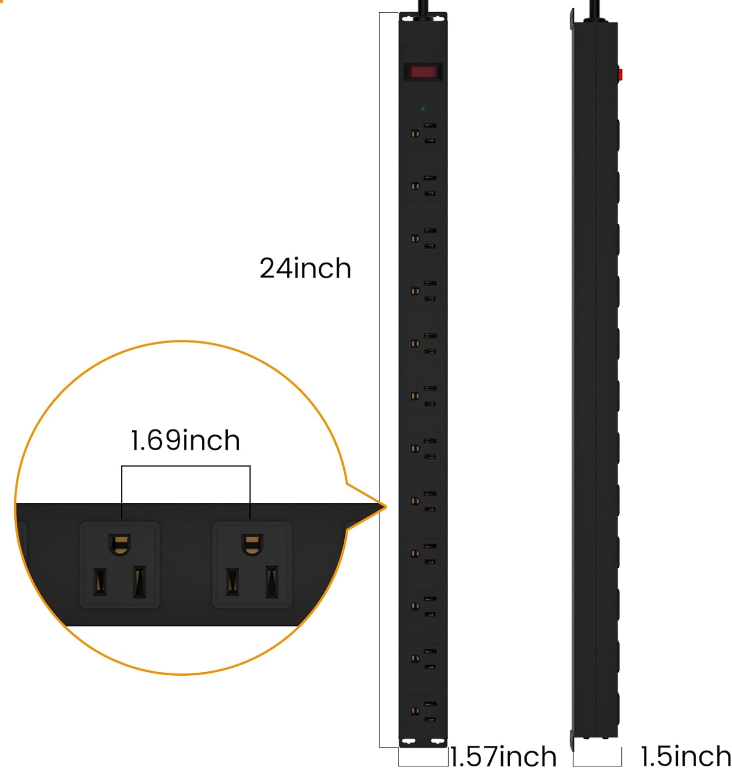 12 Outlet Long Power Strip Surge Protector with 2100 Joules, 3FT Power Cord, Wide Spaced Outlet Power Bar, Overload Protection Switch, Industrial Heavy Duty for Work Bench, Shop, Garage (Black)