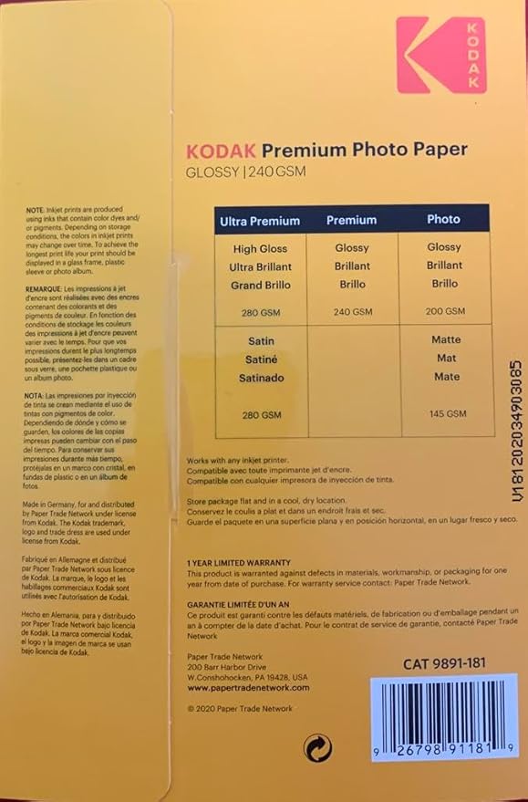 Kodak photo paper 4 x 6 glossy, 100 count 66 lb - 240 g/m (41175-9891181)**THIS PRODUCT IS NOT COMPATIBLE WITH THE KODAK DOCK PRINTER**"